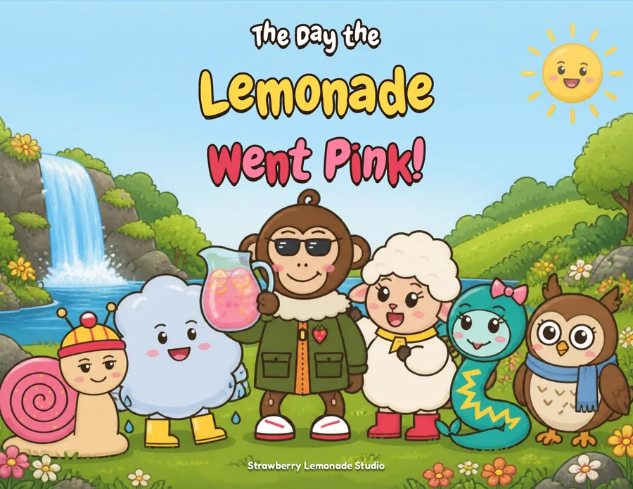 Book cover: The Day the Lemonade Went Pink, with the gang in a sunny meadow by a waterfall