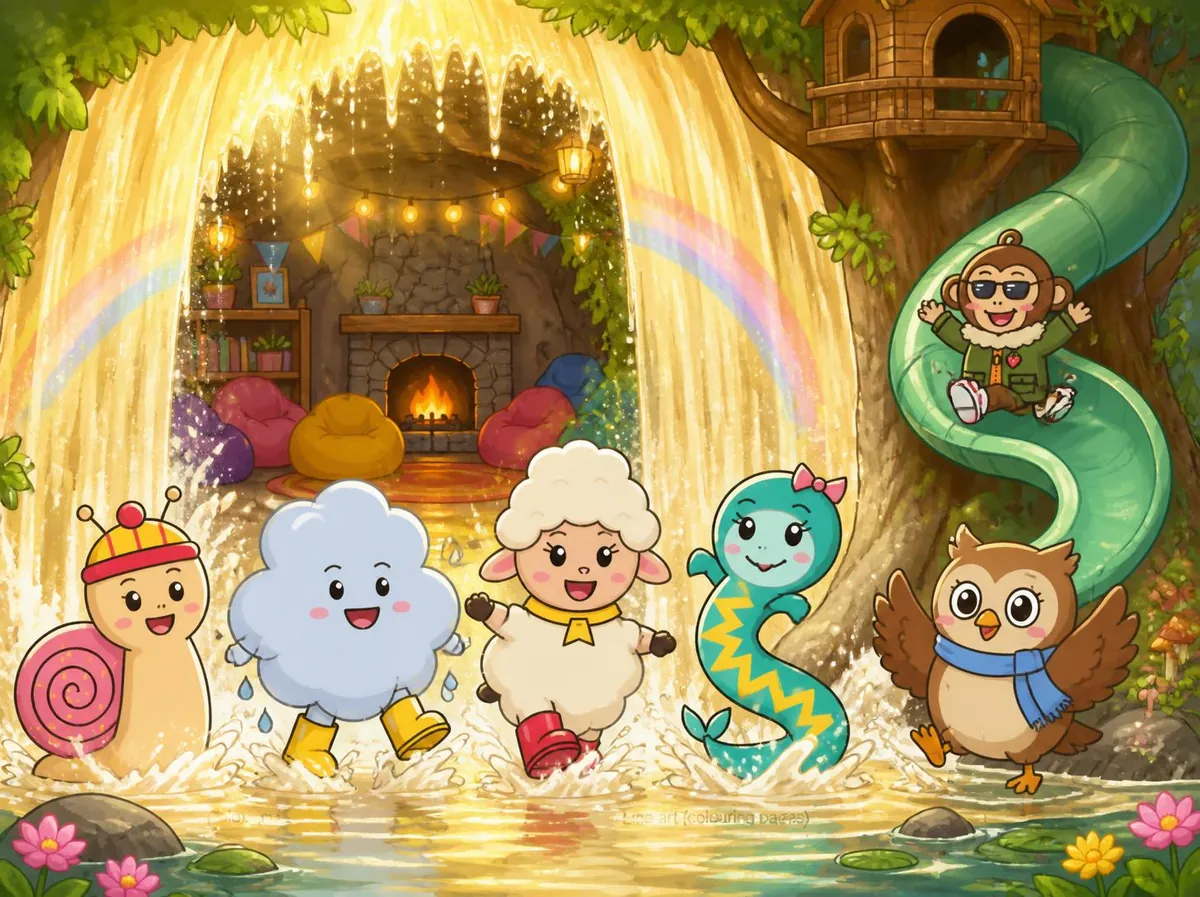 The gang splashing through the sparkly yellow waterfall into their den