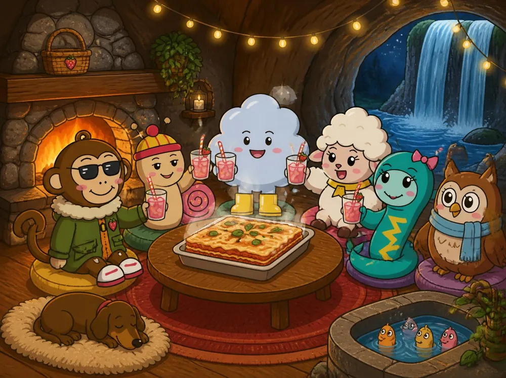 The gang around a big dish of lasagne in their cosy den