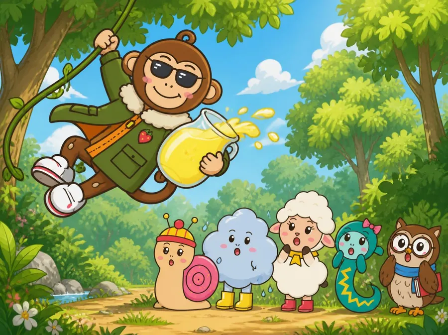 Parker swinging through the trees with the jug of lemonade while the gang watch