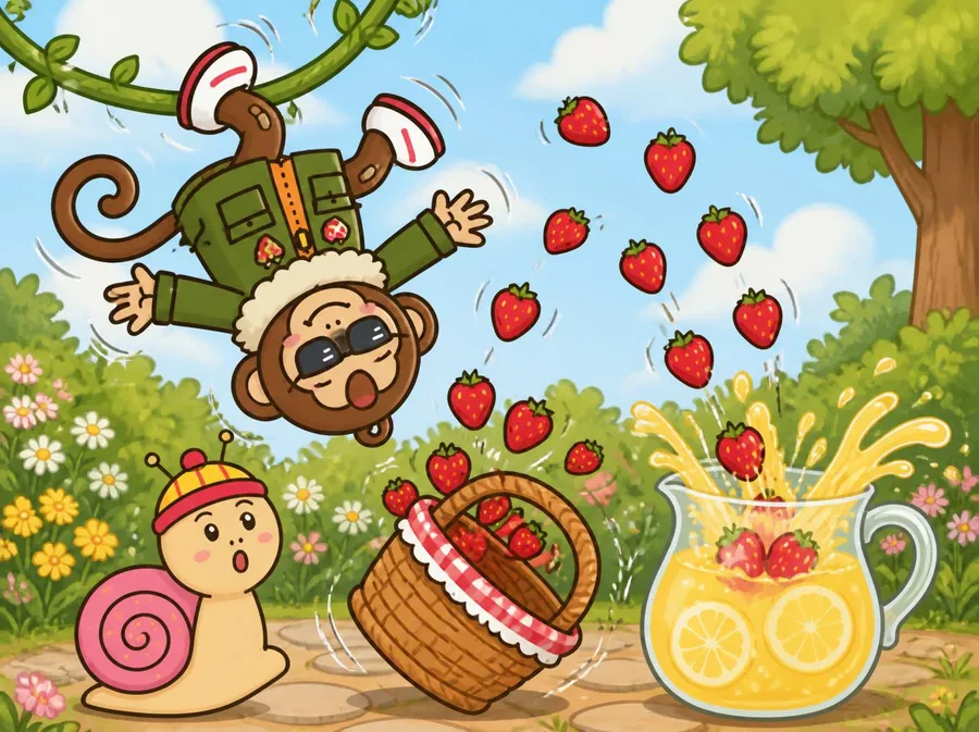 Parker tumbling as Sally's strawberries fly into the lemonade