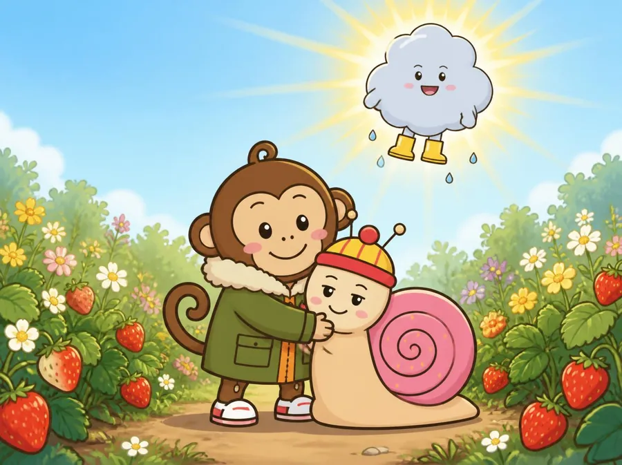 Parker giving Sally a big hug in the strawberry patch