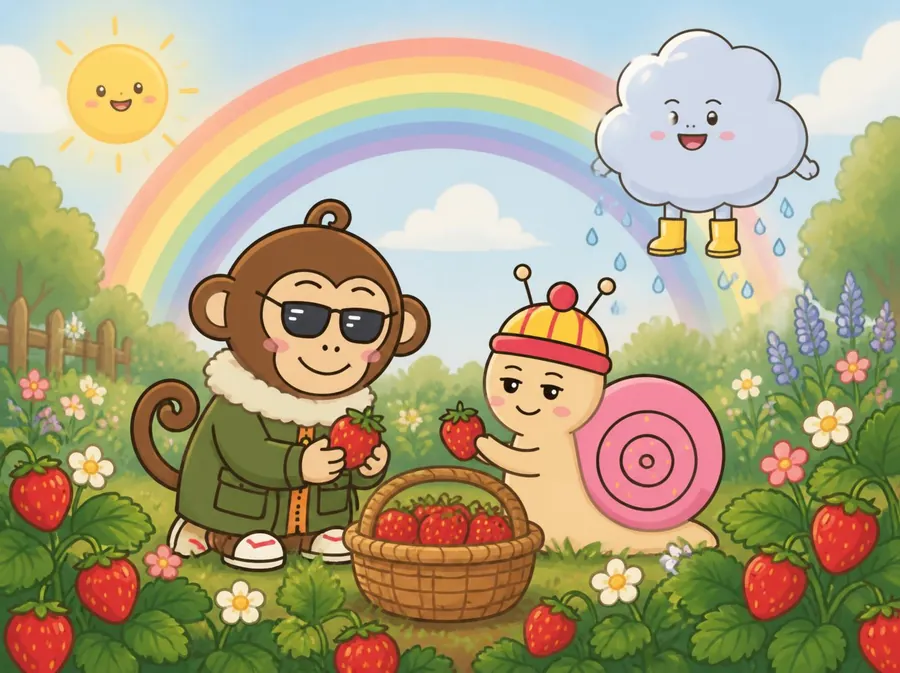 Parker and Sally picking strawberries under a rainbow
