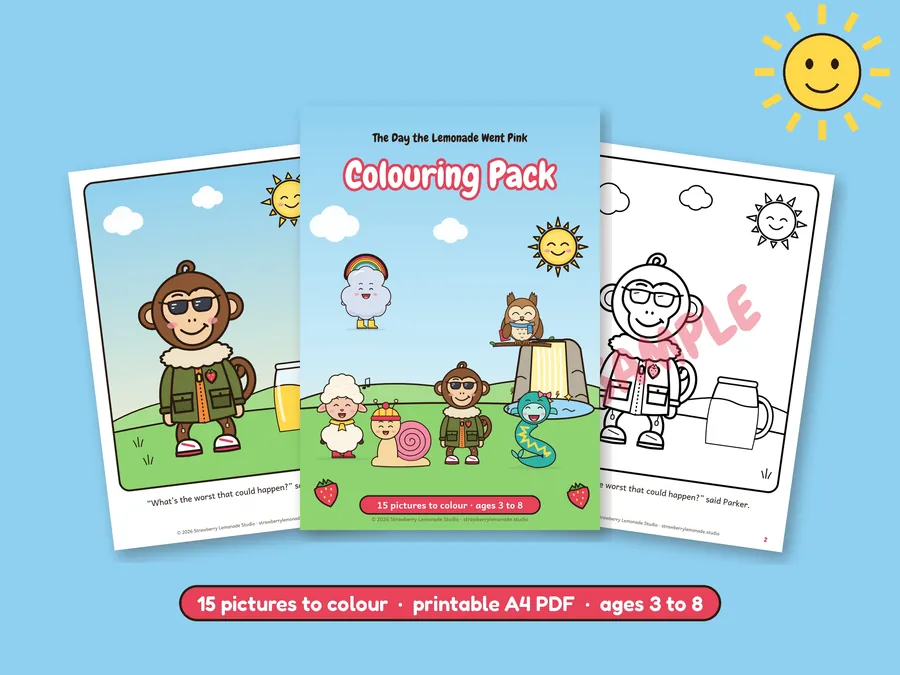 The colouring pack cover with two sample colouring pages of Parker the Monkey